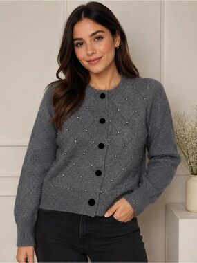 Nanette Lepore Gray Pearl-Embellished Diamond Knit Cardigan